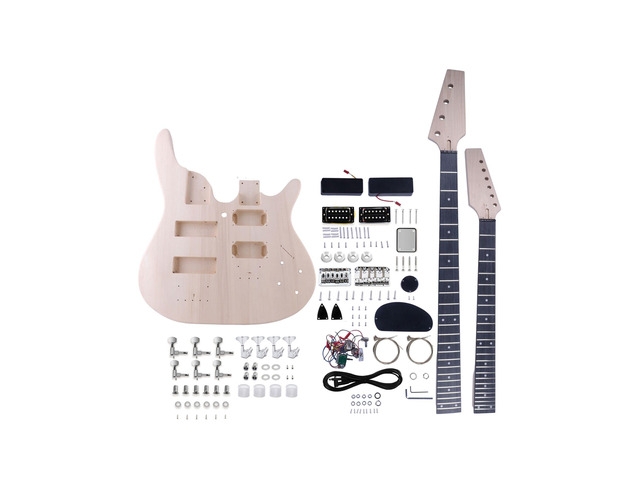 Double Neck DIY Guitar & Bass Kit 6 String & 4 String Guitar Kit Basswood Body, Hard Maple Neck, Engineered Fretboard, Chrome Hardware, Build...