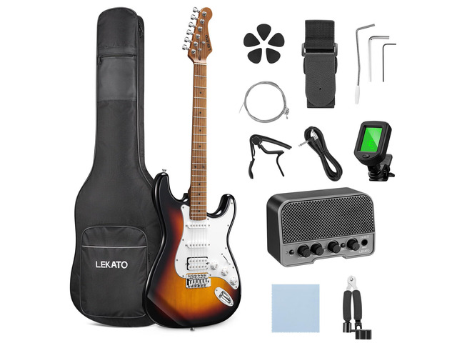 Electric Guitar Kit Beginner 39 Inch Full Size Solid Body Guitar HSS for Starter Roasted Maple Neck Fretboard Stainless Steel Frets, 5W Mini Amp,...