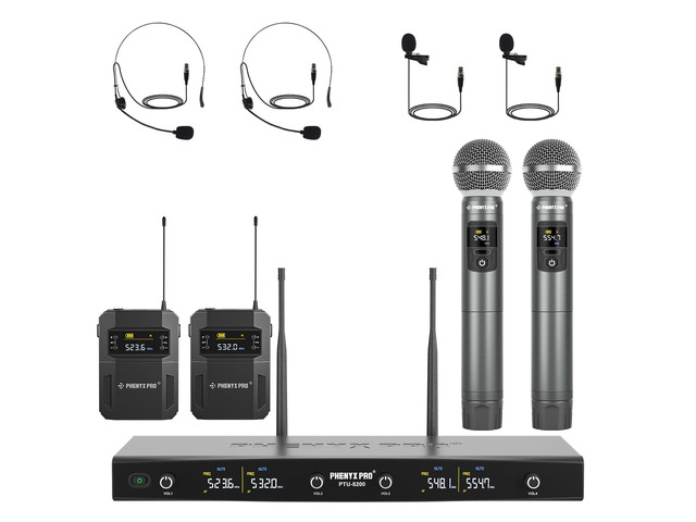 4-Ch UHF Handheld/Bodypack Wireless Microphones PTU-5200-2H2B 2 Handheld Mics, 2 Bodypacks, Headset/Lapel Mics, 4 x 25 Frequencies, 200 ft Range,...
