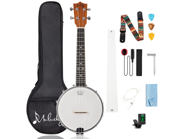 4 String Banjolele BU8017, 23' Sapele Wood Banjo Ukulele Travel Kit Crafted with a WeatherKing synthetic head, nylon strings, and sapele wood....