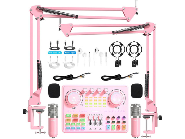Podcast Equipment Bundle for 2: Audio Interface & DJ20 Mixer with XLR Mic, Voice Changer, 2400mAh Battery for Podcasting, TikTok Live Streaming,...