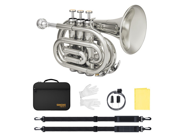 Pocket Trumpet for Beginners Students - Nickel Plated Bb Flat Mini Brass Trumpet Full Kit with 7C Mouthpiece, Hard Case, Gloves & Cleaning Kit...