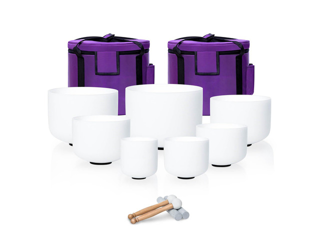 6-12inch White 432hz Quartz Crystal Singing Bowls Set of 7, for Healing Mindfulness Meditation Yoga Sound Baths with Case Mallet Suede Striker