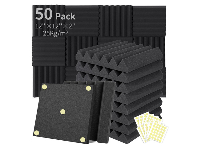 50 Packs Acoustic Foam Panels Wedge 2' X 12' X 12', Soundproofing Foam Noise Cancelling Foam with 300 PCS Double-Side adhesive