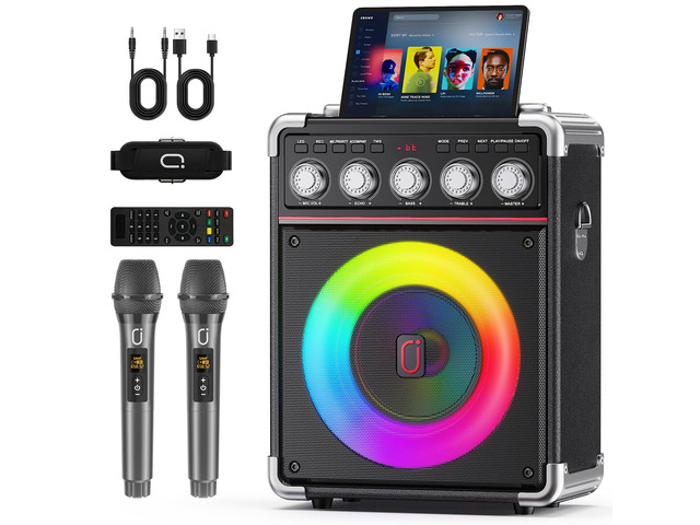 Karaoke Machine for Adults with 2 Wireless Microphones, Portable Bluetooth 5.3 Speaker with Bass/Treble/Echo Adjustment, PA System with Remote...