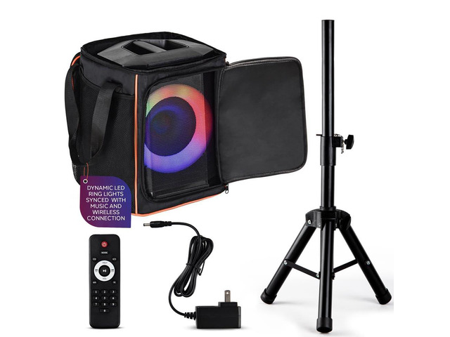 Portable Bluetooth Speaker with 8' Inch Woofer, TWS, Mic Input, USB/SD/FM Radio, Colorful Ring Lights, 120 W Rechargeable Battery, Tripod Stand &...