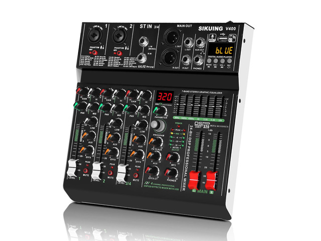 4 channel professional portable mixer, 320 DSP effects + 48V phantom power, Bluetooth sound card + 7-Band Eq Output, for PC recording, karaoke...