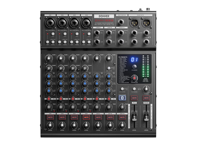 DAM1000 10-Channel Analog DJ Audio Mixer Sound Board, with 4 Premium LAXY-PRE Microphone, 48V Phantom Power Preamps, BT 5.3, 48kHz 24Bit Sample Rate