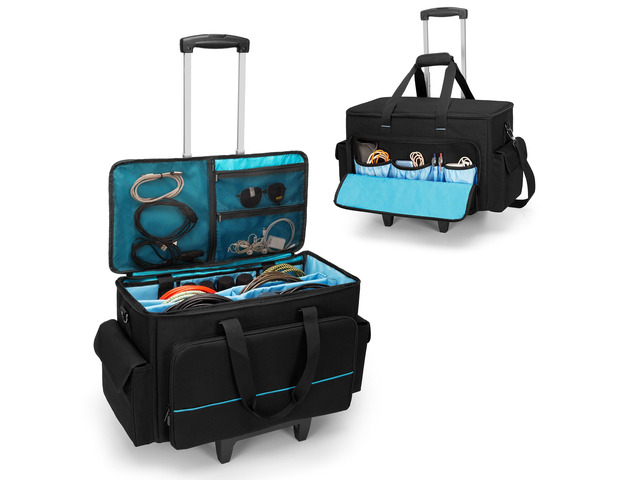 Large Rolling DJ Cable Bag with Detachable Trolley & Divider Padded Gig Bag, Music Gear Case with Multi Pockets for 15.6' Laptop, DJ Gear,...