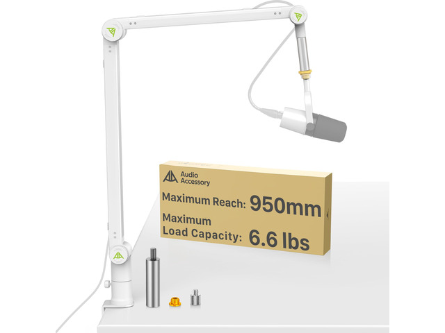 White Mic Boom Arm (Design for Heavy Mic) Extra-Long 950mm, 6.6lbs Load Capacity, Gear-Lock Suspension Scissor Microphone Stand Desk Mount for...