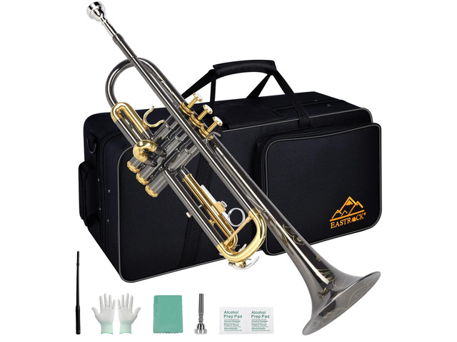 Bb Trumpet Standard Trumpet Set with Carrying Case,Gloves, 7C Mouthpiece, Tuning Rod, Black Nickel,Hand Carved Craft