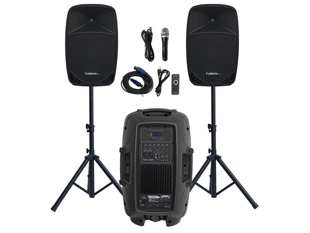 Dual 12 Inch 1000W High Powered PA Speaker System Support bluetooth FM radio USB SD media playback includes two stands for outdoor karaoke events