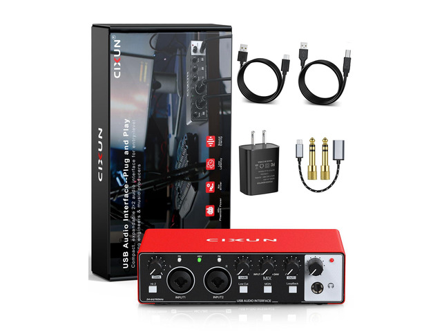 2x2 USB-C Audio Interface for PC/Mac Recording, 24-bit/192kHz, Dual TS/XLR Inputs, +48V Phantom Power, Studio/Podcast/Streaming(Matte Red)