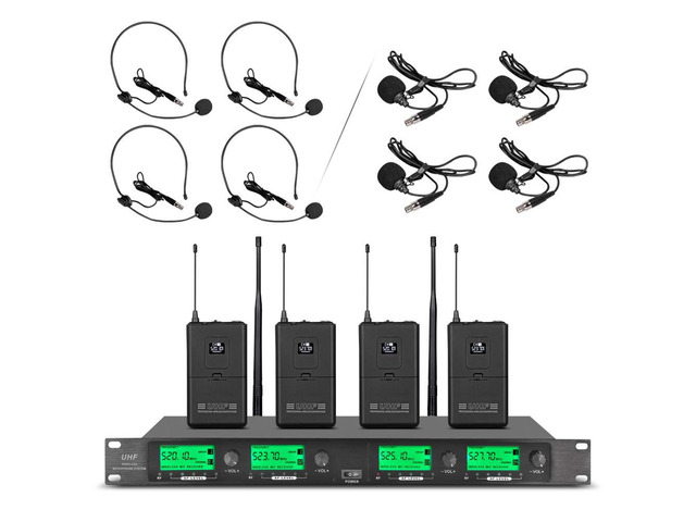 Wireless Microphone System Pro UHF 4 Channel 4 Lavalier Bodypacks 4 Lapel Mic 4 Headsets for Karaoke System Church Speaking Conference Wedding Party