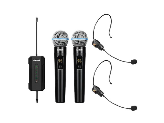 ES-384 4-Channel UHF Wireless Microphone System for Church, Karaoke, Stage and Events, 2 Handheld Mics and 2 Headset Mics with 6.35mm Plug-in...