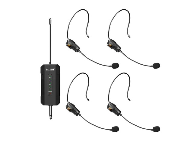 ES-384 4-Channel UHF Wireless Headset Microphone System for Church, Teaching, Fitness, Stage and Events, 4 Headset Mics with 6.35mm Plug-in...