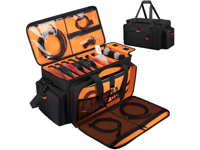 Large Dj Cable Bag with Detachable Dividers, Bottom Pad Dj Bag for Equipment and Accessories with Laptop and Microphone Pocket, Dj Gig Bag for...