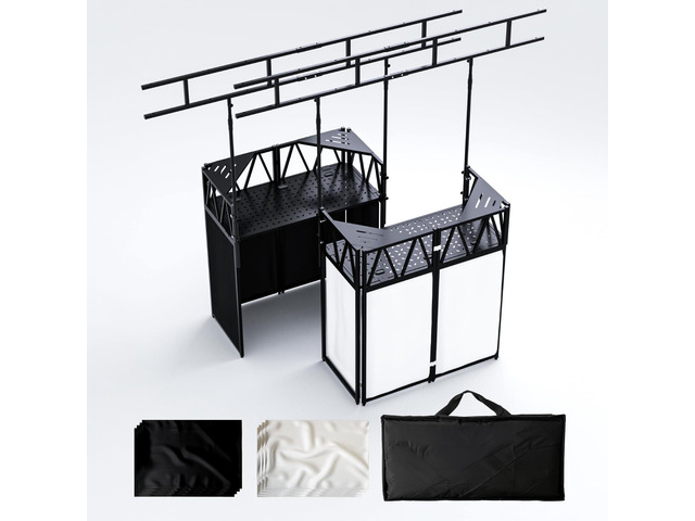Portable DJ Booth,Foldable DJ Table Stand with Light Stand White & Black Scrim,Adjustable DJ Facade Booth Station Triangle Plate Metal Frame DJ...