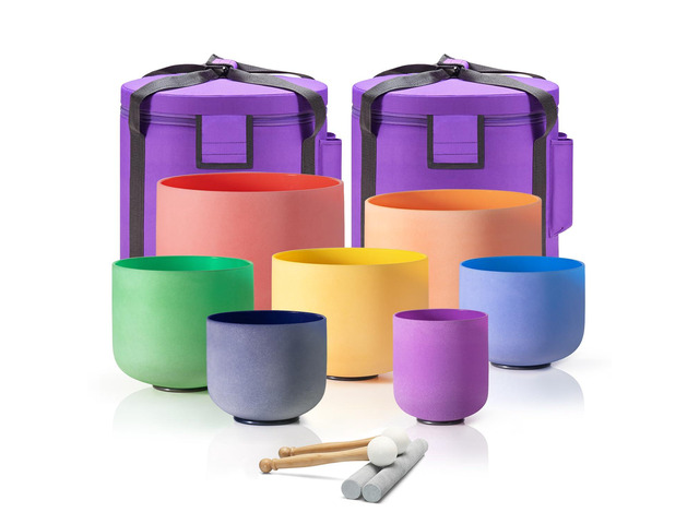 Crystal Singing Bowl 440HZ 6-12 Inch 7 Colored Quartz Frosted Chakra Sound Bowl Colorful Healing Instrument with 2 PCS Travel Carry Case Bag for...