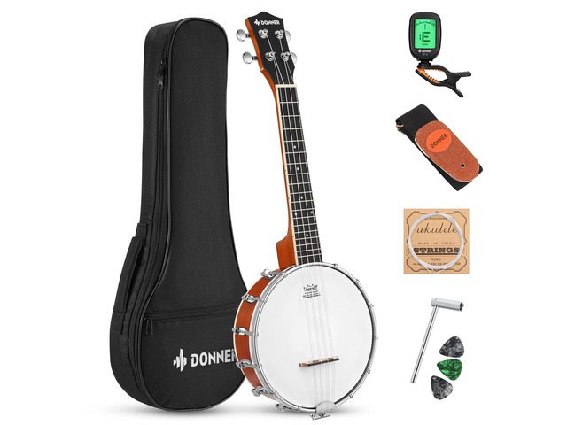 Banjolele 4 String Banjo Ukulele kit Stringed Musical Instruments for Adult Beginner with Banjo Tuners, Gig Bag, Picks, Skeleton 23 Inch Sapele