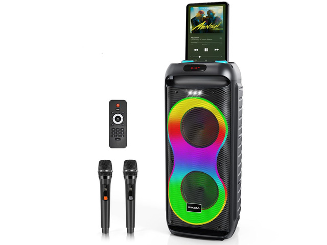 Bluetooth Karaoke Speaker with 2 Wireless Microphones 40W Portable PA System with LED Lights, TWS Pairing, 6.5 Dual Woofers, Rolling Wheels,...