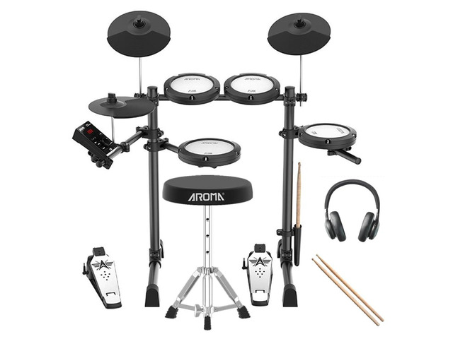 TDX-18 Electronic Drum Set with 4 Quiet Mesh Drum Pads, 2 Switch Pedal, Portable and Solid Drum Set with, Bluetooth, Drum Throne, Headphones and...