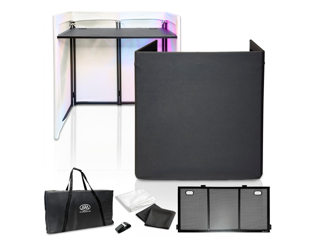 AxcessAbles Portable DJ Facade Booth with Carry Case 40' x 20' Tabletop, Steel Frame, and Black & White Scrims White DJ Table Event Booth...