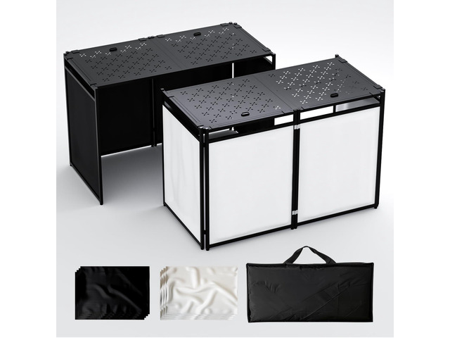 Portable DJ Booth Table Stand with 2-Height Adjustable Top Board, All-Iron Heavy Duty DJ Facade for Events, Includes 8 Scrims, Travel Bag, and 4...