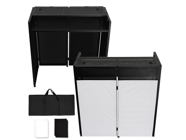 DJ Facade Booth with Double Top Desktop,DJ Booth Table Station Black & White Scrims, Detachable DJ Table, Carrying Bag, Foldable Metal Frame DJ...
