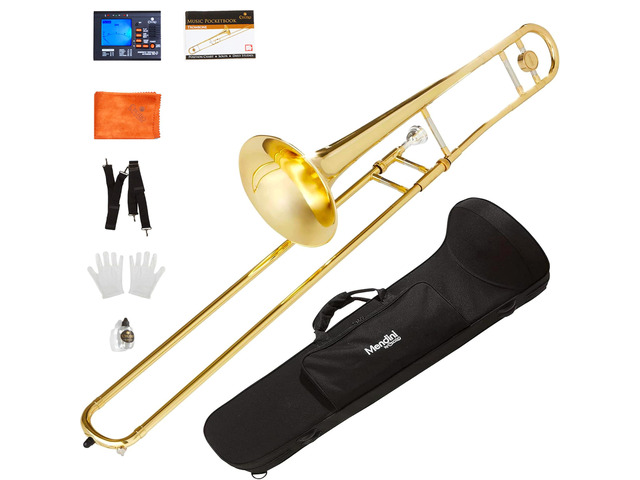 Bb Tenor Slide Trombone for Beginners - B Flat Brass Plated Trombone Instrument with Tuner, Music Book, Hard Case, Mouthpiece, Cleaning Kit &...