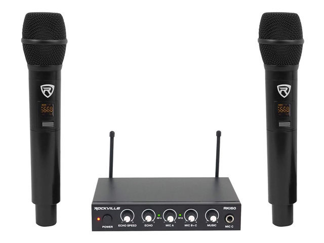 RKI60 Dual UHF Wireless Microphone Karaoke Interface and Mixer 2 UHF Mics, 8 Frequencies, 200 Ft Range, Optical/Coax/Aux Inputs, 1/4' Mix Output,...