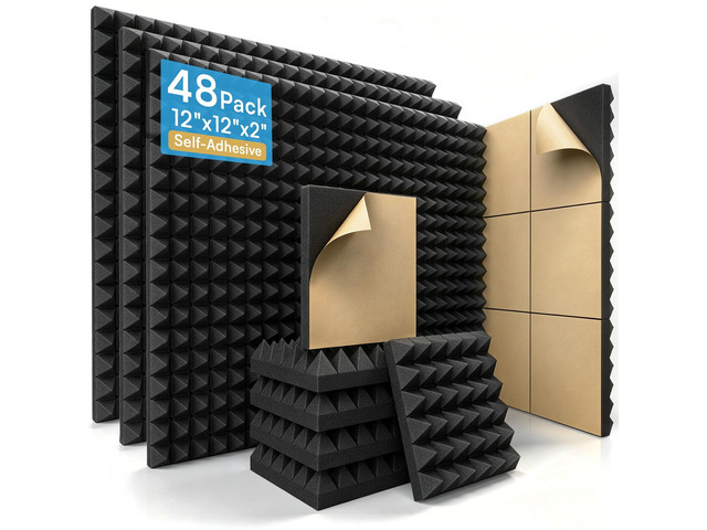 48 Pack Self-Adhesive Pyramid Acoustic Foam Panels, 12' x 12' x 2' 2' Thick Pyramid Foam / High-Density Structure / Enhanced Sound Control / Easy...