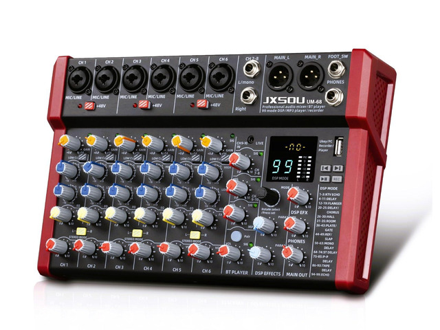 10-Channel Audio Mixer with 99 DSP Effects and 48V Phantom Power DJ sound board mixer with Bluetooth, USB, XLR input, and stereo mixing for...