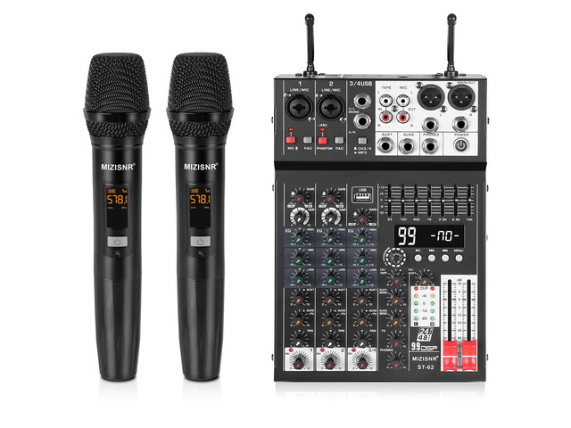 Audio Mixer 4 Channel with Dual Microphones, Pro 99DSP Sound Music Console DJ Mixing Board with 7-band EQ, USB, Bluetooth, 48V Phantom Power & PAD...