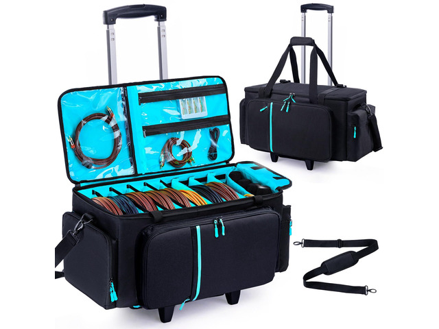 Rolling DJ Cable Bag with Wheels-Large DJ Equipment Bag with 5 Cable Slots & 3 Removable Dividers, DJ Gig Bag with Laptop Compartment, Microphone...