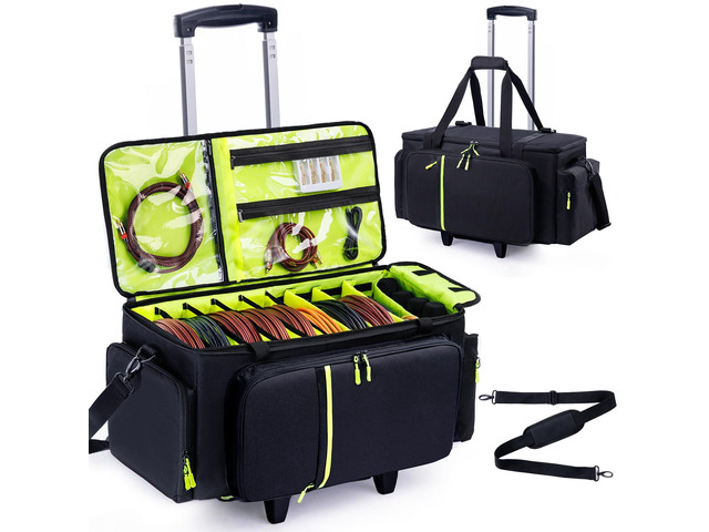 Rolling DJ Cable Bag with Wheels-Large DJ Equipment Bag with 5 Cable Slots & 3 Removable Dividers, DJ Gig Bag with Laptop Compartment, Microphone...