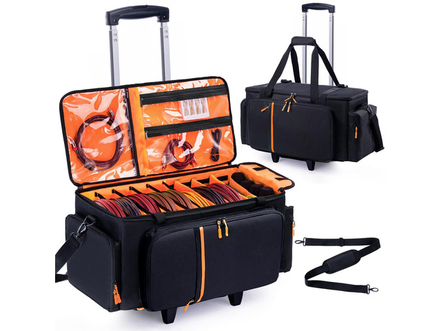 Rolling DJ Cable Bag with Wheels-Large DJ Equipment Bag with 5 Cable Slots & 3 Removable Dividers, DJ Gig Bag with Laptop Compartment, Microphone...