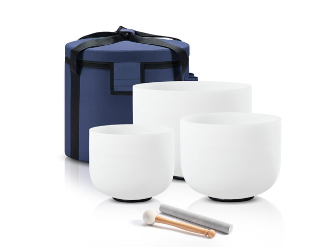 440HZ Crystal Singing Bowls Set of 3, 8''-12'' Frosted Quartz 8'' A Third-Eye, 10'' F Heart, 12'' C Root, Carry Bags and Mallet Included