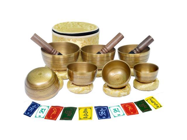 Tibetan Singing Bowl Set of 7 Himalayan Bowl Vajra Engraved Chakra bowl Authentic 7 metals Handmade in Nepal for Yoga, Chakra healing, Deep...