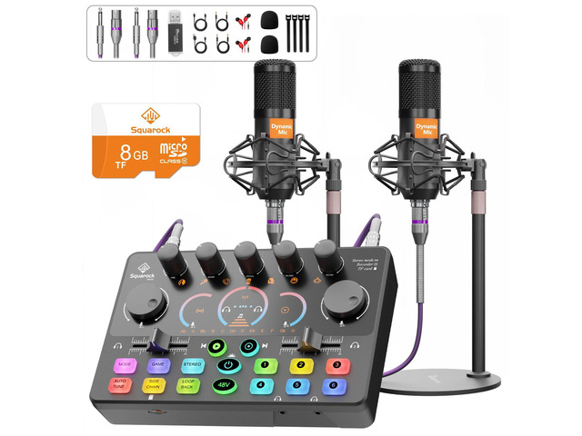 Podcast Equipment Bundle for 2, Audio Mixer with 8GB Memory Card and Dynamic Mics,RGB,Built-in Recorder, Customize Button, Stereo for Vocal...