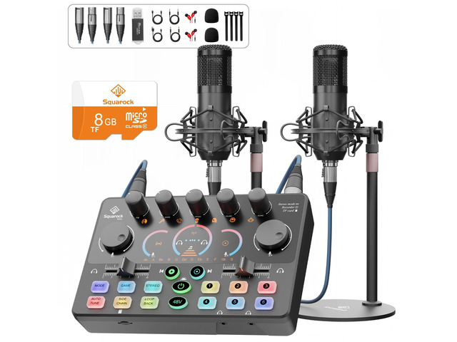 Podcast Equipment Bundle for 2, Audio Interface with 8GB Memory Card and XLR Condenser Microphones,Stereo,Denoise, RGB,Built-in Recorder, 48V...