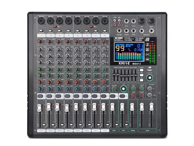 Audio Mixer 8 Channel with MP3 Player 99 DSP Digital DJ Mixer and Effect 7 Band EQ Output 48V Phantom Power Source USB Recording BT USB for...