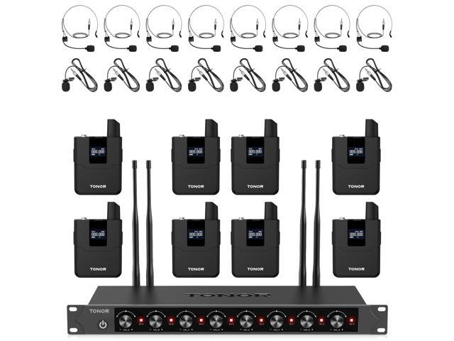Wireless Microphones System with 8x12 Channels Headset/Lavalier Lapel Mics, Bodypack Transmitter, Receiver, 90 m/295ft UHF Range for Church...