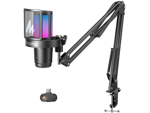 DGM20W Wireless Gaming Microphone for PC, Condenser USB Mic with Boom Arm for Streaming, Touch Noise Cancellation, Quick Mute,Gain Control,RGB,...