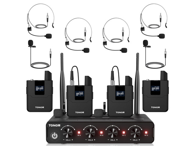 Wireless Microphones System with UHF Headset/Lavalier Lapel Mics, Bodypack Transmitter, Receiver, 4 * 10 Channels, 60 m/200ft Range for Church...