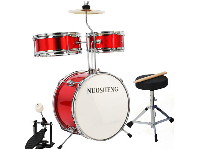3-Piece 13 Inch Kids Drum Set, Beginner Junior Drum Kit with Adjustable Throne Cymbal Pedal Wooden Drumsticks, Poplar Hardwood Educational Musical...