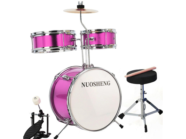 Kids Drum Set, 3-Piece Junior Kit for Beginners, 13 Inch, with Adjustable Throne, Cymbal, Pedal & Drumsticks, Pink
