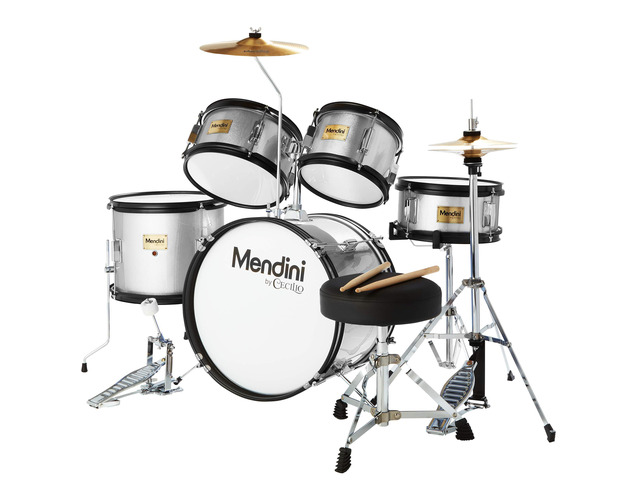 5 Piece 16 Inch Junior Drums Set - Metallic Silver Drum Set with Bass, Toms, Snare Drum, Cymbal, Hi-Hat, Drumsticks & Adjustable Padded Seat for...
