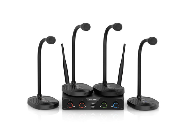 4-Channel Wireless Conference Microphone System MWM-41-4G 4 gooseneck mics, 4 x 10 frequencies, 200 ft range, UHF cordless setup for lecture,...