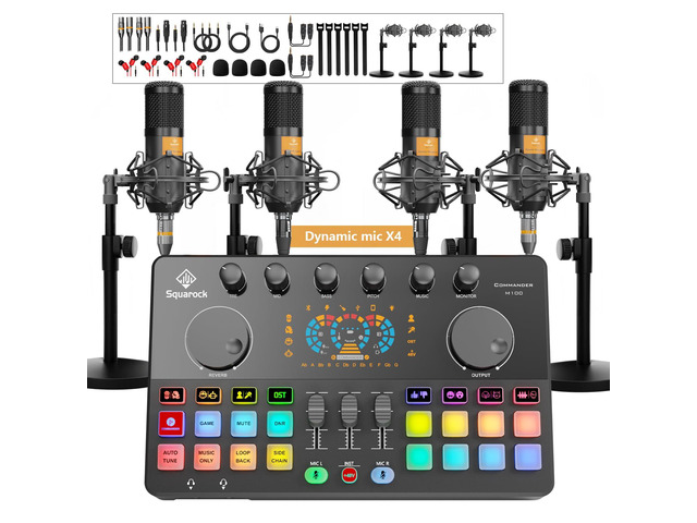Podcast Equipment Bundle for 4, All-in-One Audio Mixer with Dynamic Micophones Noise Reduction for Live...